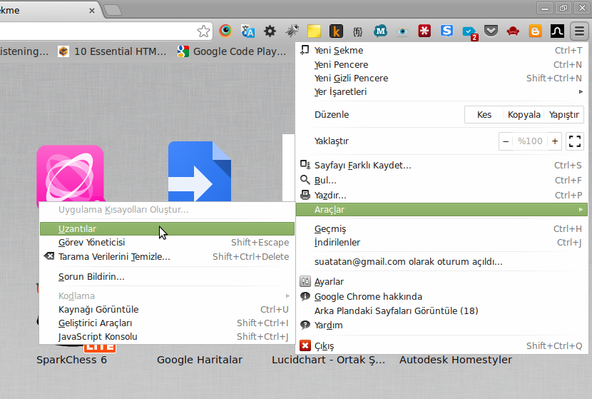 Chrome'da uzantılar alanı