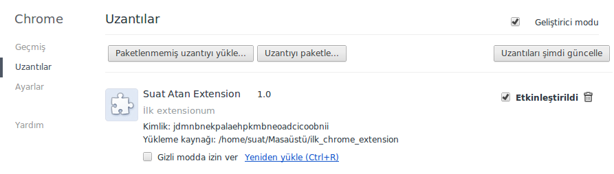Yüklenmiş Chrome Extension'u